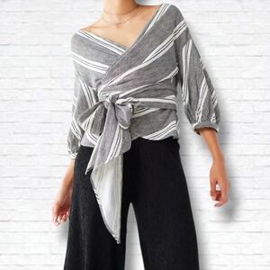 Urban Outfitters Black Stripe Puff Sleeves Oversized Tie Front Wrap Top Size L
